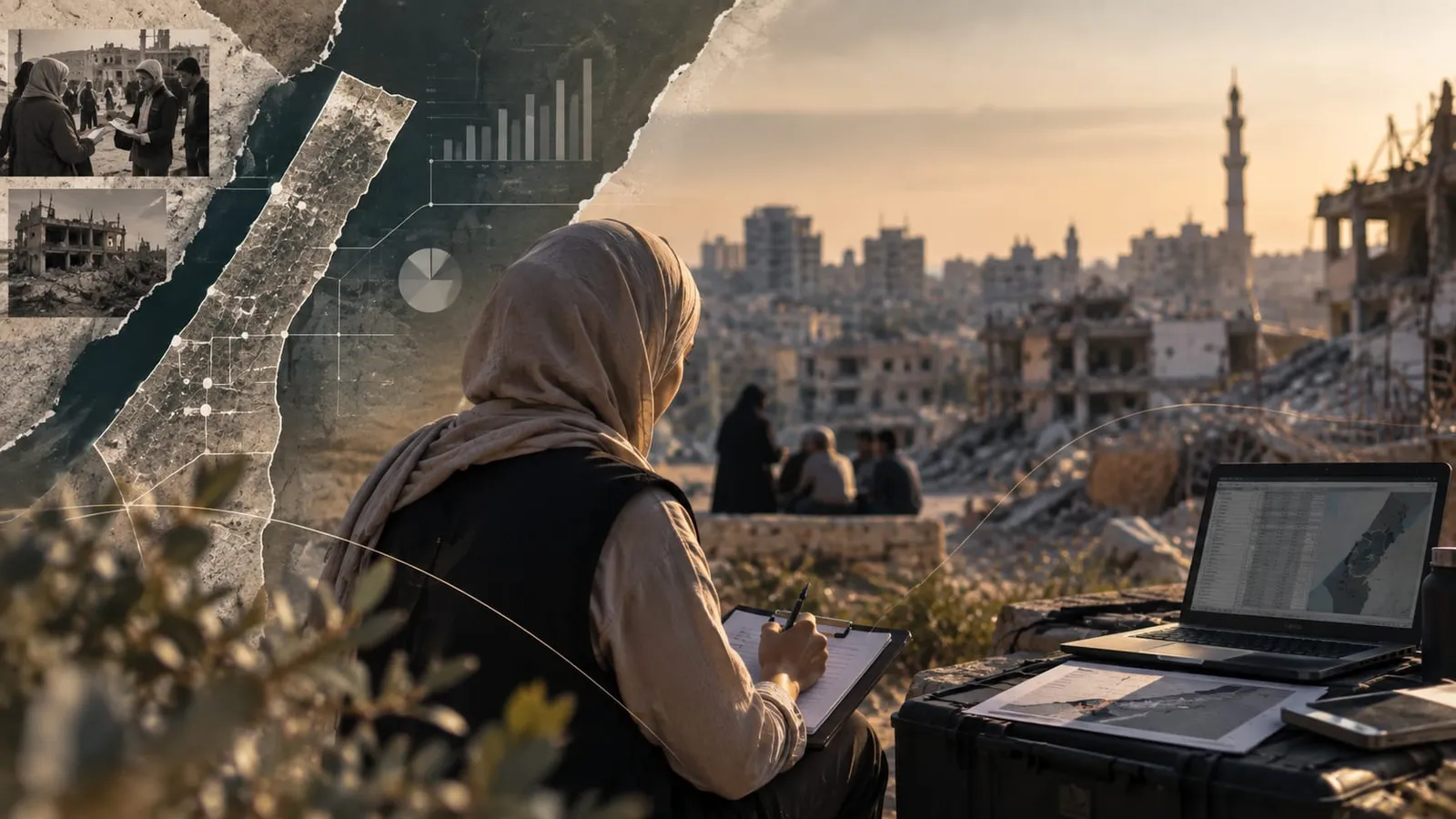A field researcher documenting conditions in a damaged neighborhood, with data and mapping overlays